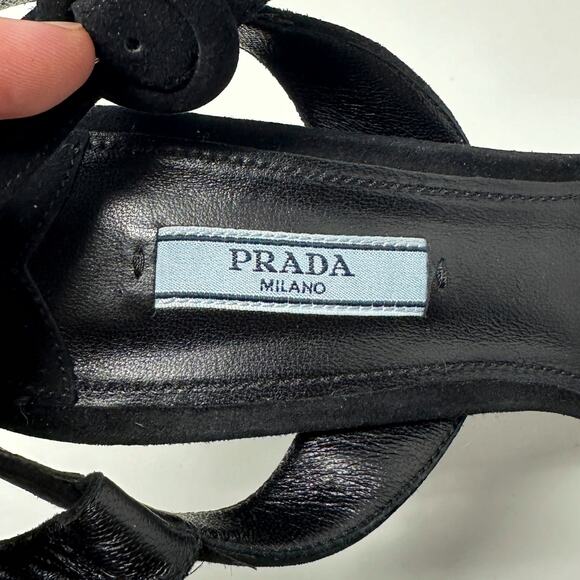 Prada Black Suede Platform Peep Toe Sandals Block Heel Size 38.5 - Picture 6 of 10